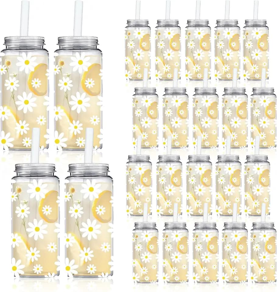 Whaline 20 Pcs Daisy Plastic Cups with Lids and Straws 13.5 Oz Clear Floral Party Drinking Cups Flower Reusable Tumblers for Wedding Baby Shower Birthday Party Supplies