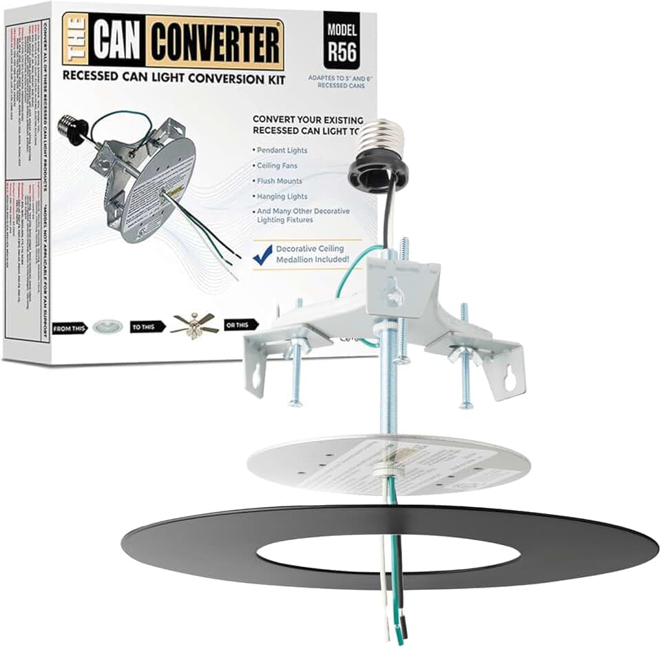 The Can Converter R56 Recessed Can Light Conversion Kit w/ 7"¾ Flat Ceiling Medallion - Home Improvement for 5" & 6" Cans, Converter Kit for Ceiling Fan & Light Fixture, UL Certified, Matte Black