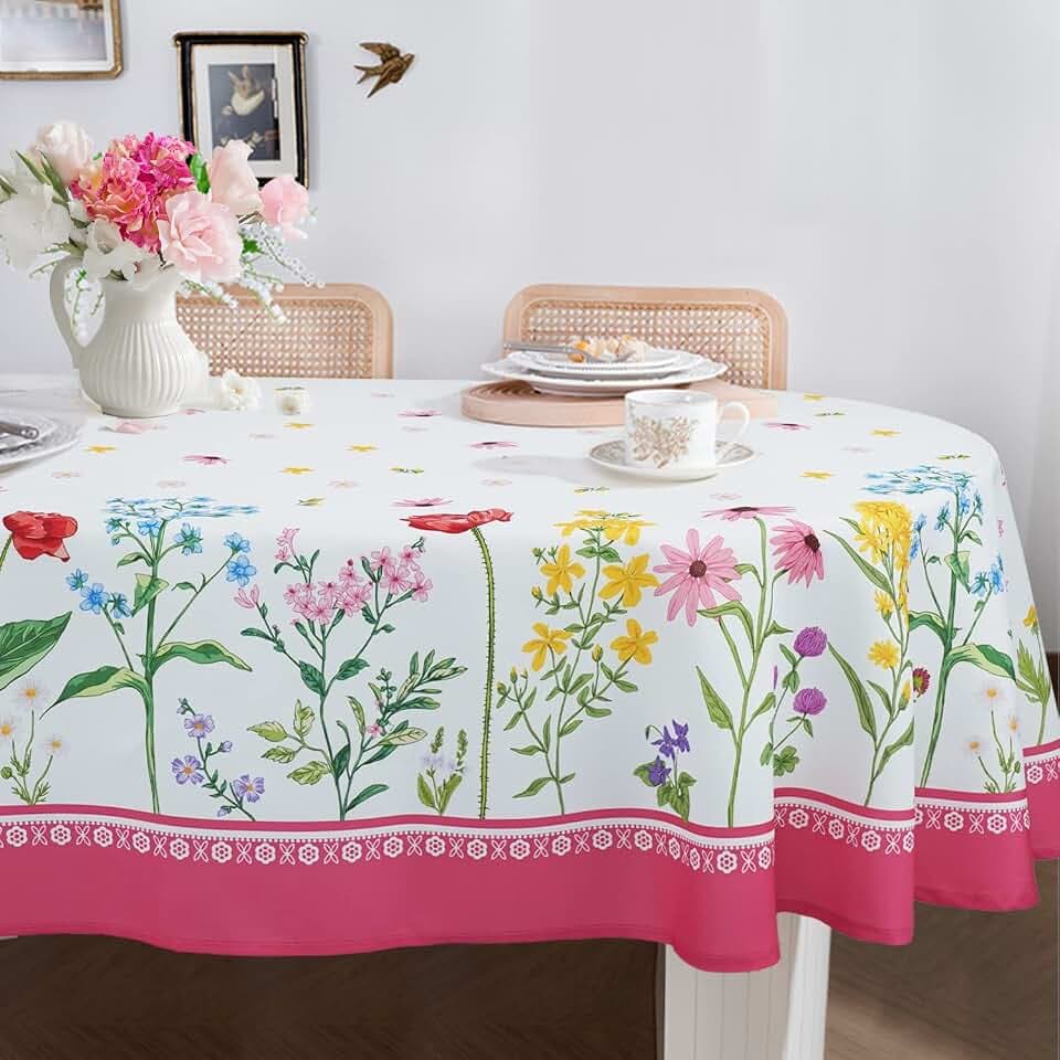Bnejvif Oval Tablecloth Pink Floral Tablecloth, Print Fabric Indoor/Outdoor Waterproof Wrinkle Free Durable for Tables 60 X 84 in