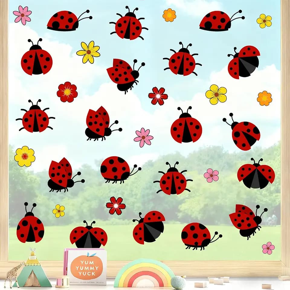 Ladybug Window Clings Cute Insect Flowers Stickers for Window Glass Decor