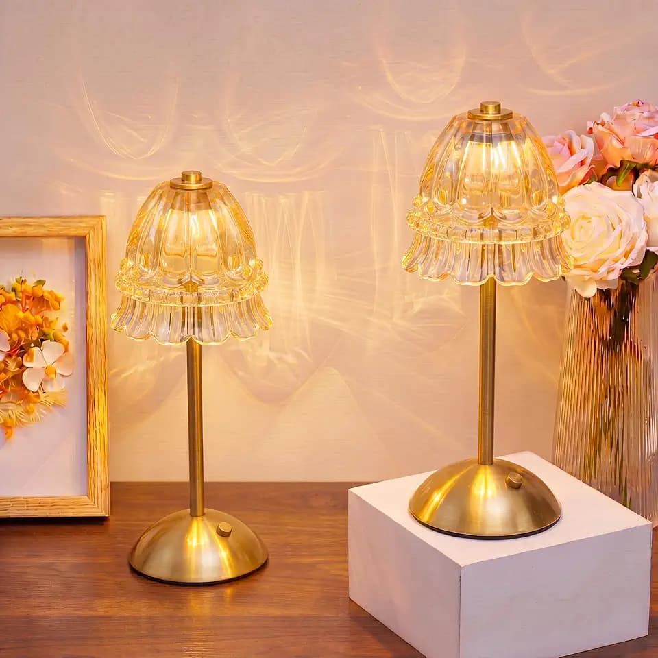 Liliful 2 Pcs Camellia Glass Cordless Table Lamp Rechargeable Floral Touch LED Small Gold Portable Battery Operated USB-c Desk Lamp 3 Color Dimmable for Bedroom Living Room Dining