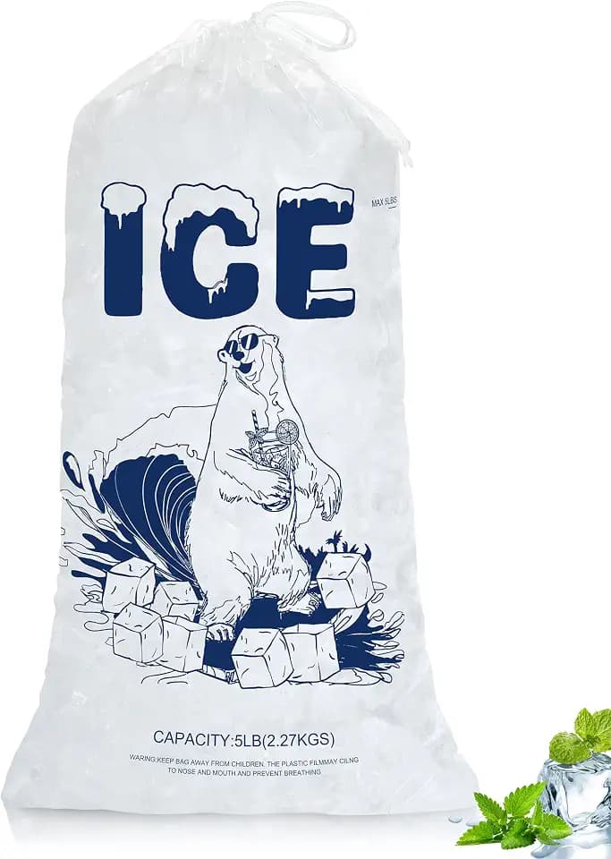 5lb Ice Bags with Drawstring – 50 Pack Reusable Heavy-Duty Plastic Ice Cube Bags for Freezer, Ice Maker, Coolers, Camping, Storage, Leak-Resistant & Food Safe
