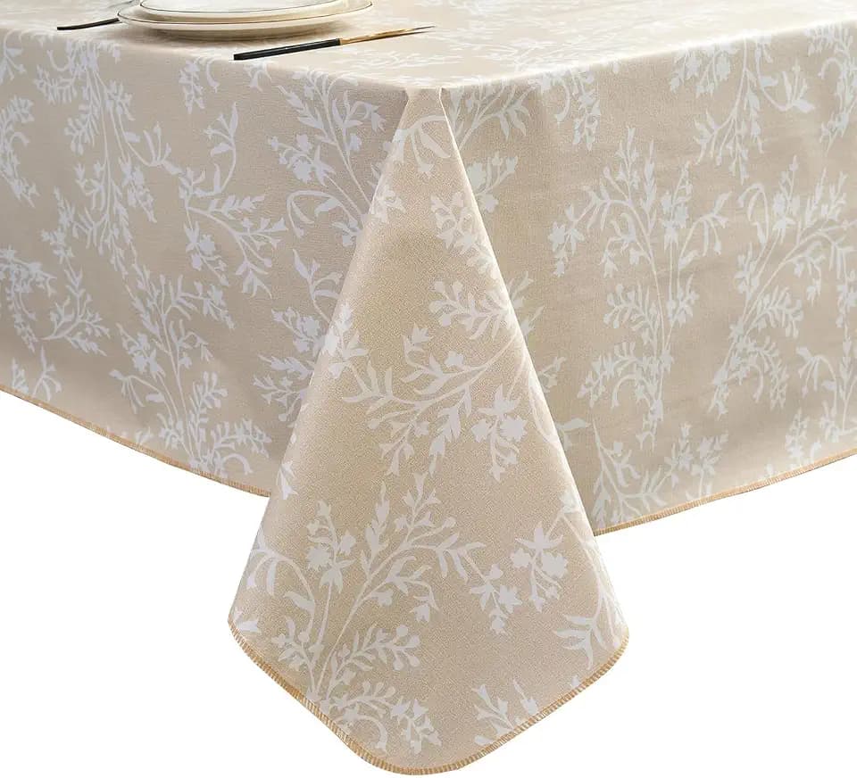 Pioggia Vinyl Tablecloth with Flannel Backing - Waterproof, Oil-Proof, Easy to Clean -Plastic Table Cloth - Perfect for Dining Tables, Kitchen Tables, Parties (Beige Leaves, 54×54 Inch Square)