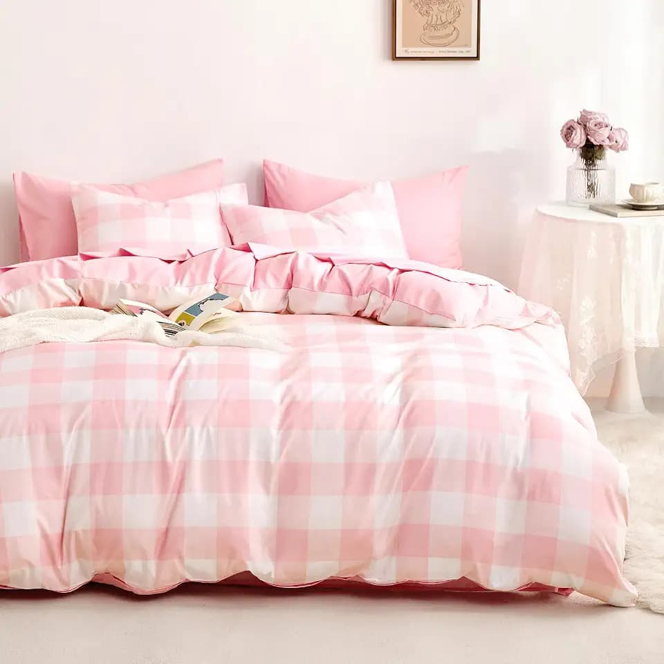 Wake In Cloud - Gingham Duvet Cover Set, Plaid Buffalo Checker Check Cute Aesthetic for Teen Boys Girls, Soft Lightweight Dorm Bedding, 3-Piece, Light Pink White, Queen Size