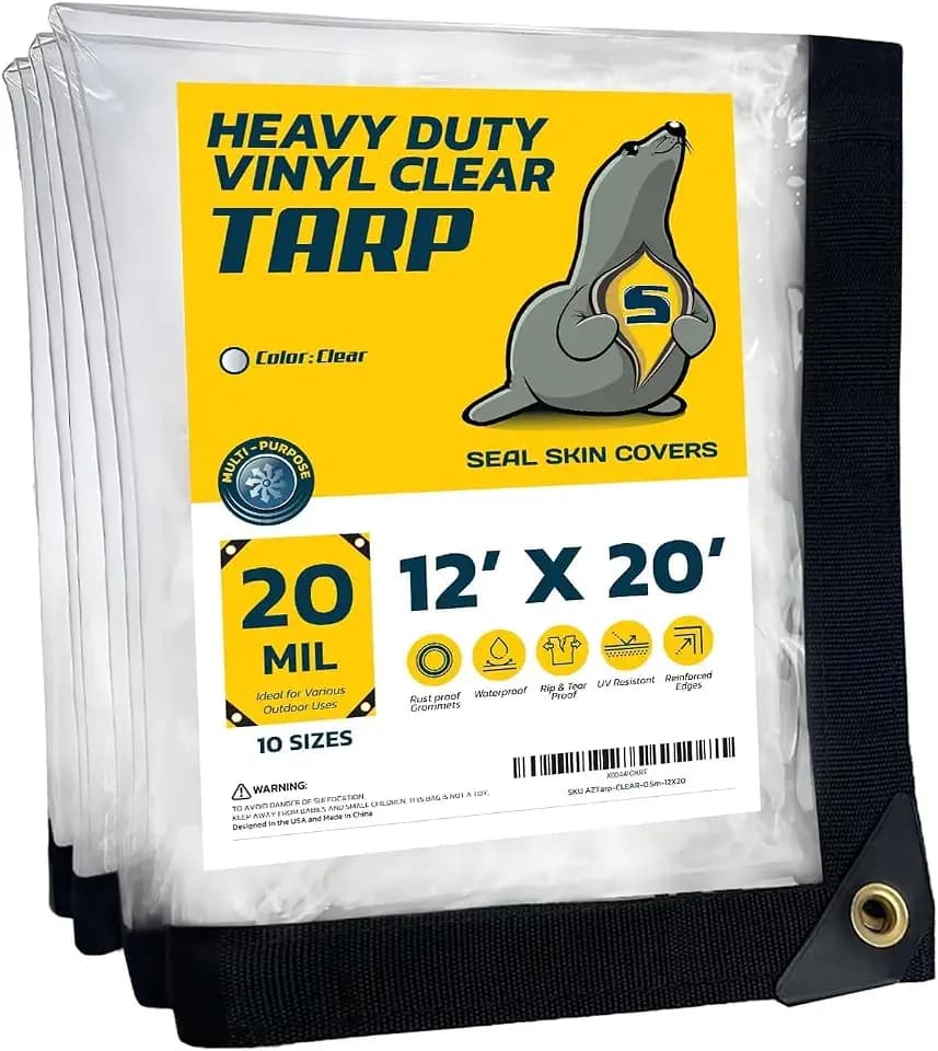 Seal Skin Covers Waterproof Clear Tarp 12x20 FT, 20 Mil 18 OZ 560 GSM Heavy Duty Transparent Vinyl Tarpaulin with Grommets
