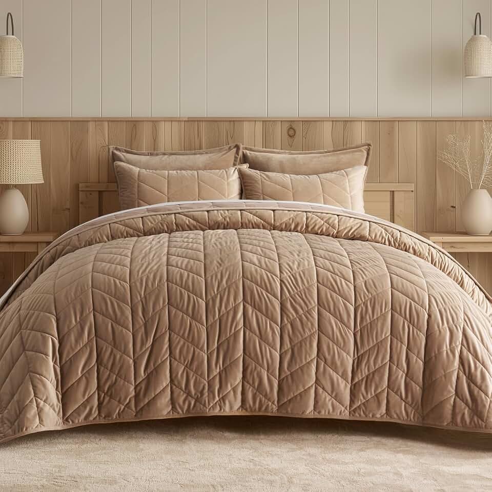 EverGrace 3 Pieces Matelasse Oversized Velvet Quilts, Queen, Khaki Tan