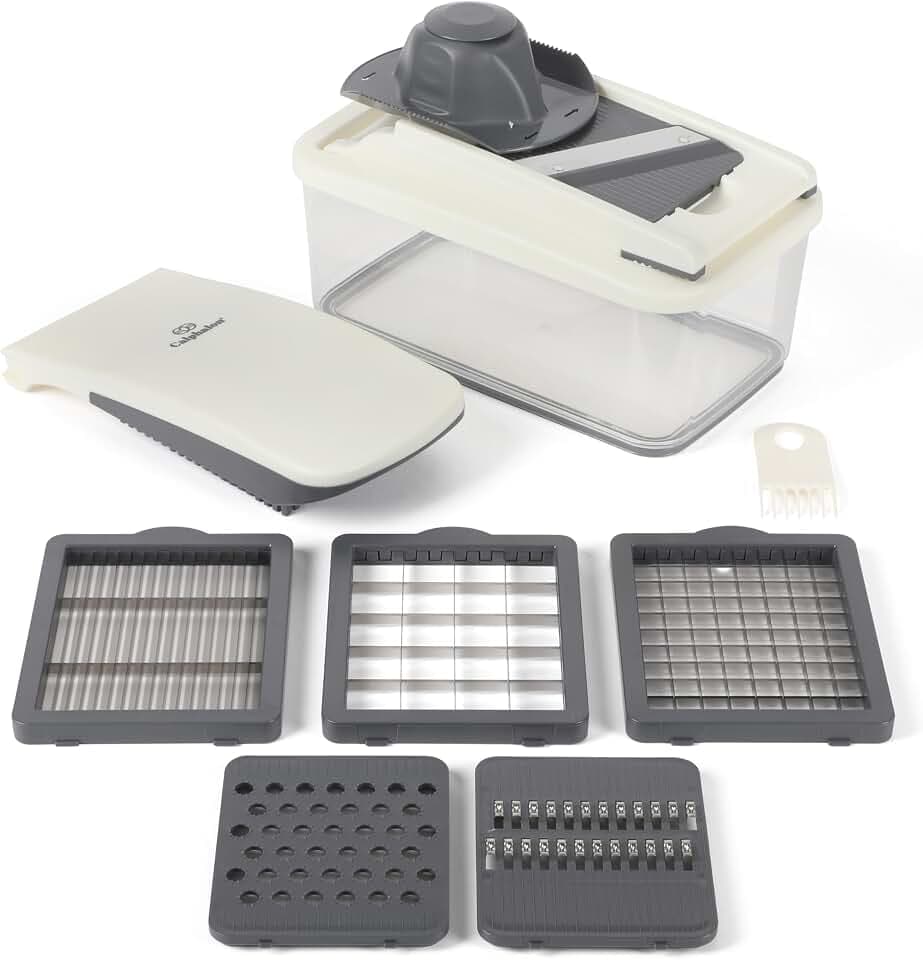 Calphalon Vegetable Chopper With Container, 3 Blades with1 Chopper and1 Mandoline, 5-in-1 Food Chopper with Stainless Steel Blades & Mandoline Slicer, Multi-Functional Dicer with Storage Container