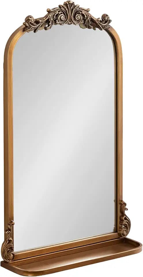 Kate and Laurel Arendahl Traditional Vintage Arch Mirror with Shelf; 16 x 25; Gold; Baroque Antique Arched Wall Mirror with Functional Shelf and Ornate Frame