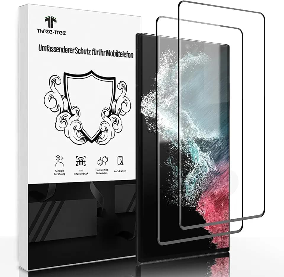 Three-tree Schutzfolie für Panzerglas Samsung Galaxy S22 Ultra 5G 2 Stück, Fingerabdruck-ID Unterstützen Panzer Schutz Glas, 3D-Volle Bedeckung Folie, 9H Hartglas Displayschutzfolie