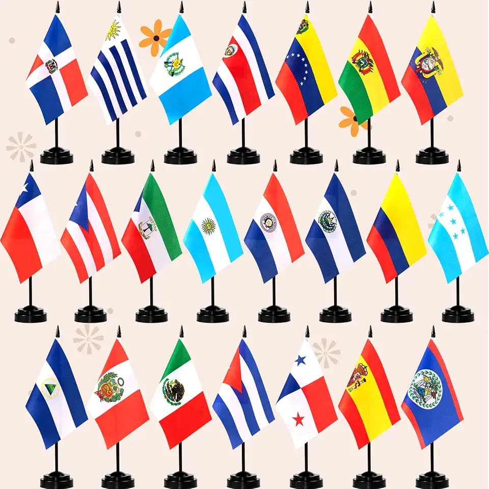 22 Countries Spanish Speaking Countries Desk Flag Set, 5x8 Inch Small Mini Latin American Table Flag, Heritage Hispanic Month Latino Office Desktop Stick Flags Decoration