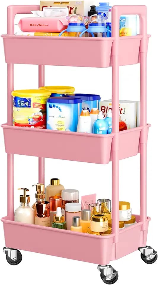 Pipishell 3 Tier Rolling Cart with Handle & Wheels for Storage, Pink