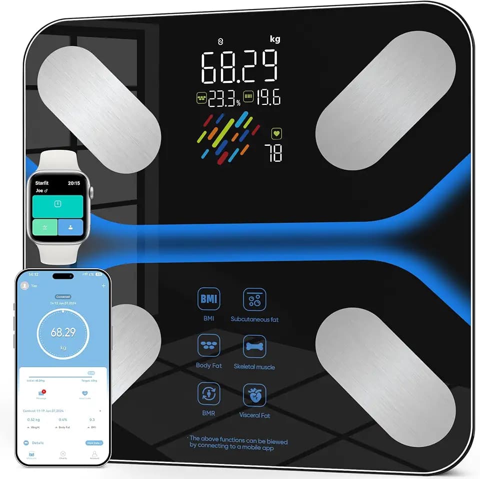 Körperfettwaage Personenwaage Digital mit Großem Display, 22 Körperanalysewerte, 4 Elektroden, Bluetooth App, BMI & Muskelanalyse, 6 Modi mit automatischer Nutzererkennung, 180kg/400lbs, 24 Benutzer