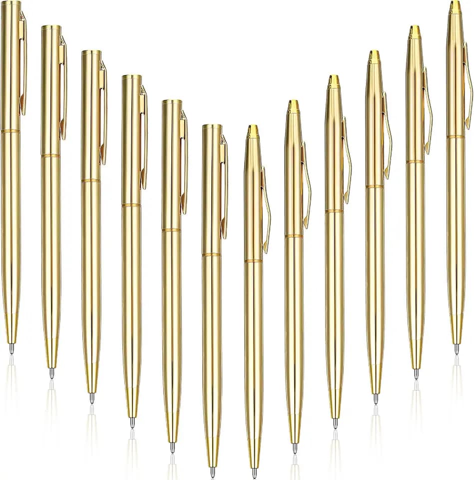 Fuutreo 12 Pack Gold Pens Bulk Metal Slim Ballpoint Retractable Black Ink