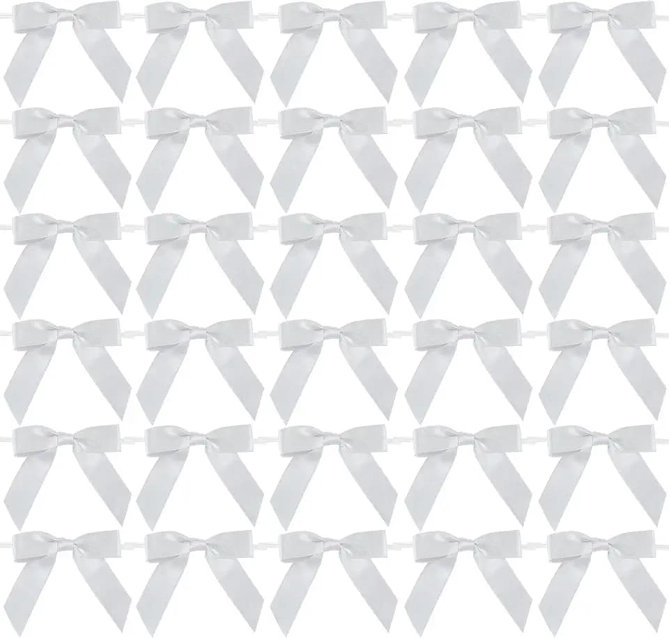 AIMUDI Silver Satin Ribbon Twist Tie Bows 2.5" Pretied Bows Premade Craft Bows for Treat Bags Cake Pop Gift Wrapping Basket Wedding Favors Cookie Candy Bagging Baby Shower - 50 Counts