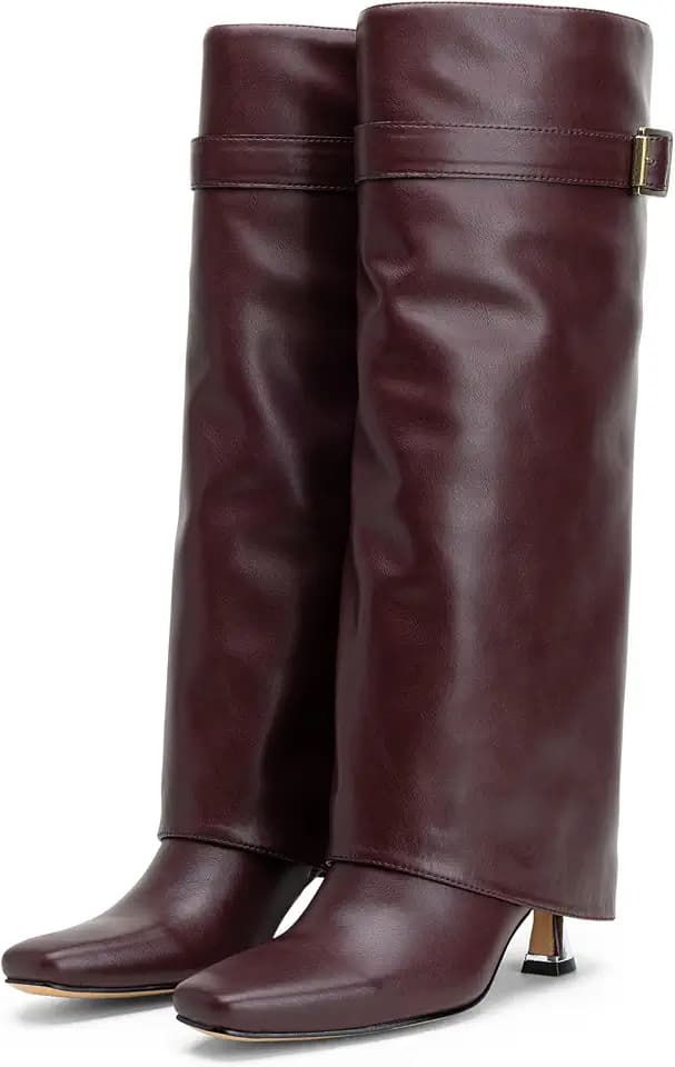Vepose Women Fold Over Knee High Boots, Square Toe Kitten Heel Style