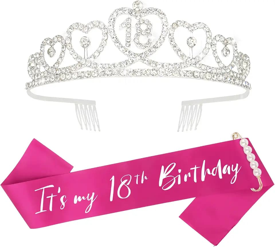 CURASA 18th Birthday Sash and Crown for Women - Adult Birthday Decoration Party Favor - Pink Sash and Silver Crown