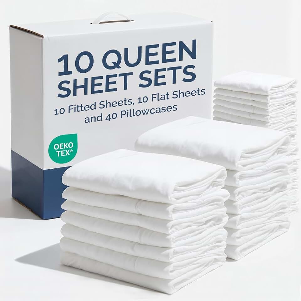 Bulk Case Pack of 10 Queen Size 6 Piece Complete Bed Sheet Sets - White