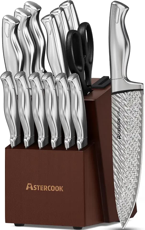 Astercook Knife Set, 15-Piece Kitchen Knife Set with Block, Built-in Knife Sharpener, German Stainless Steel Knife Block Set, Dishwasher Safe Kitchen Utensils Set