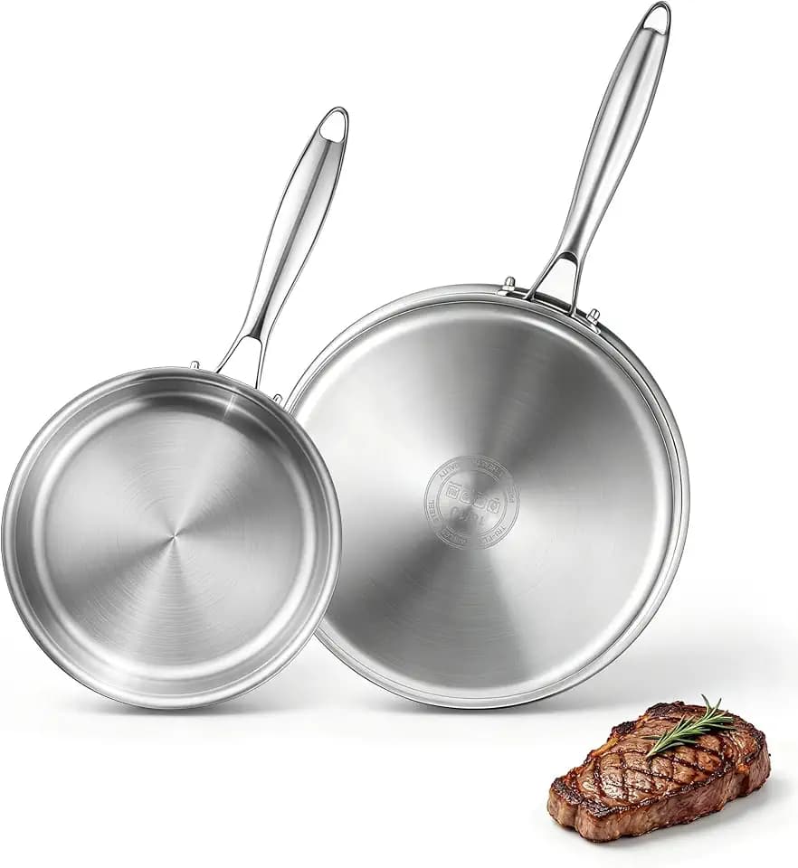 P&P CHEF Stainless Steel Frying Pan, 8+10” Skillet for Cooking, 2 Pcs