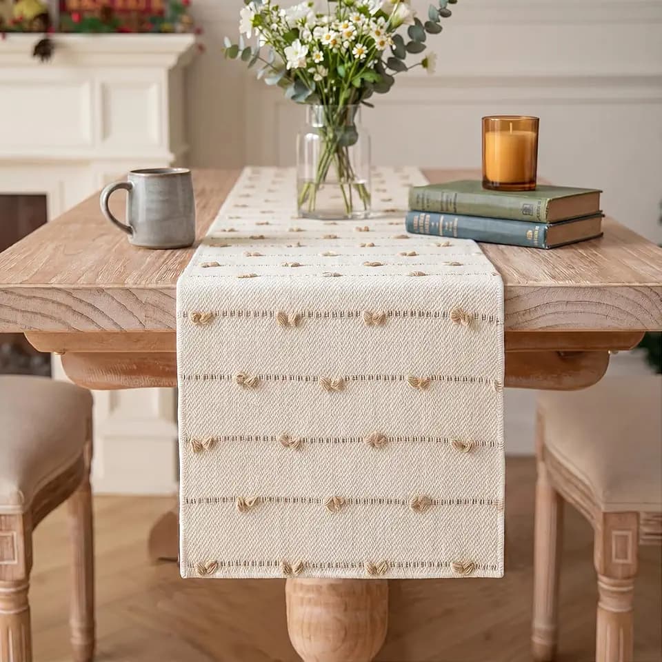 Artoid Mode Taupe Beige Boho Farmhouse Cotton Woven Table Runner, Seasonal Fall Kitchen Dining Table Decoration for Home Party Decor 12x90 Inch