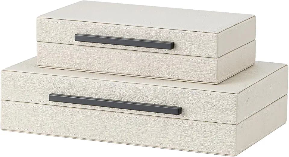 Set of 2 Beige Shagreen Decorative Storage Boxes with Black Metal Handles – Faux Leather Jewelry & Memory Boxes, Nesting Photo Organizers for Home Decor