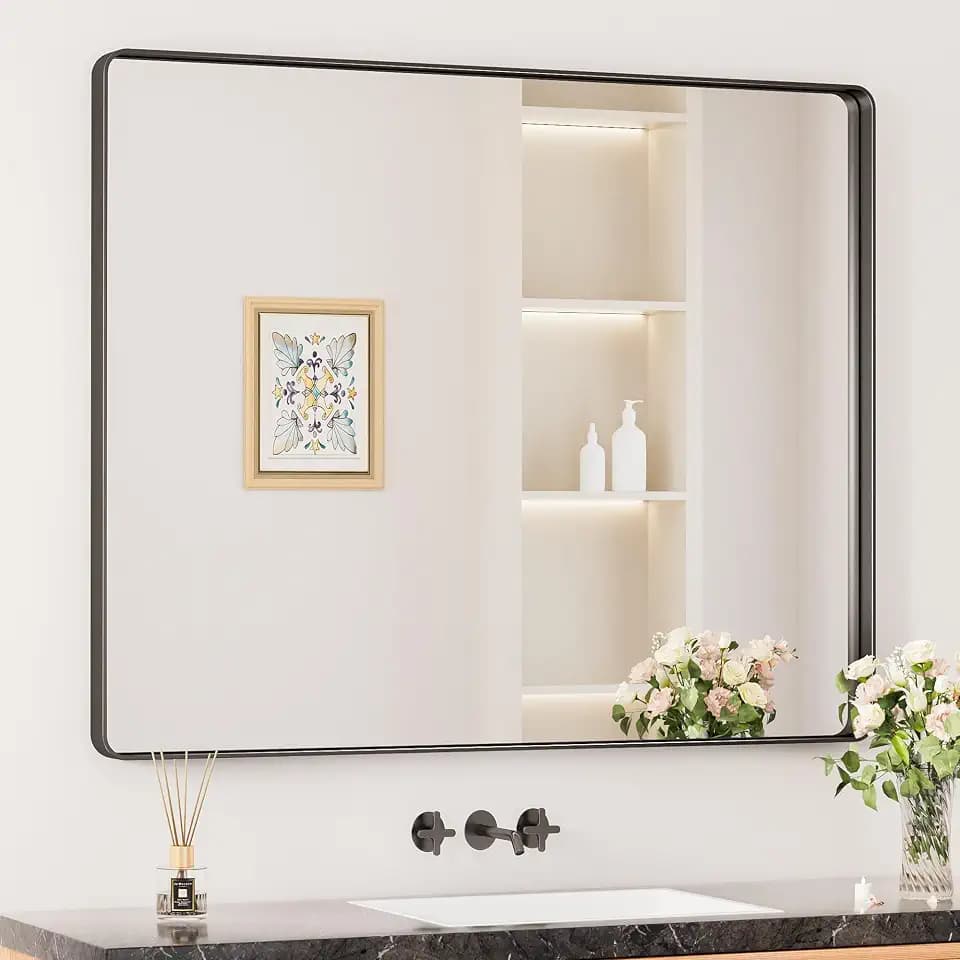 Keonjinn 42 x 36 Inch Black Bathroom Mirror for Over Sink, Tempered Glass