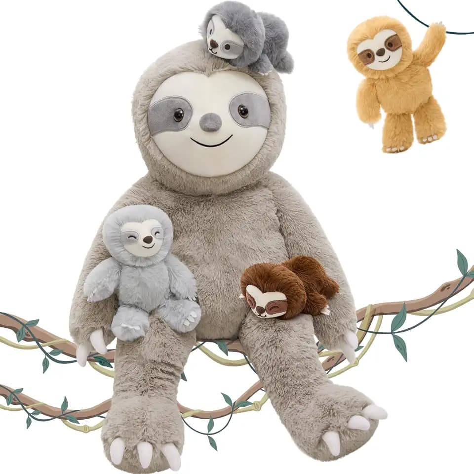 Tezituor 5Pcs Sloth Stuffed Animals Set, 22 inch Large Mommy Stuffed Sloth with 4 Cute Babies, Soft Gray Sloth Plush Pillow for Girl Boy Birthday Christmas