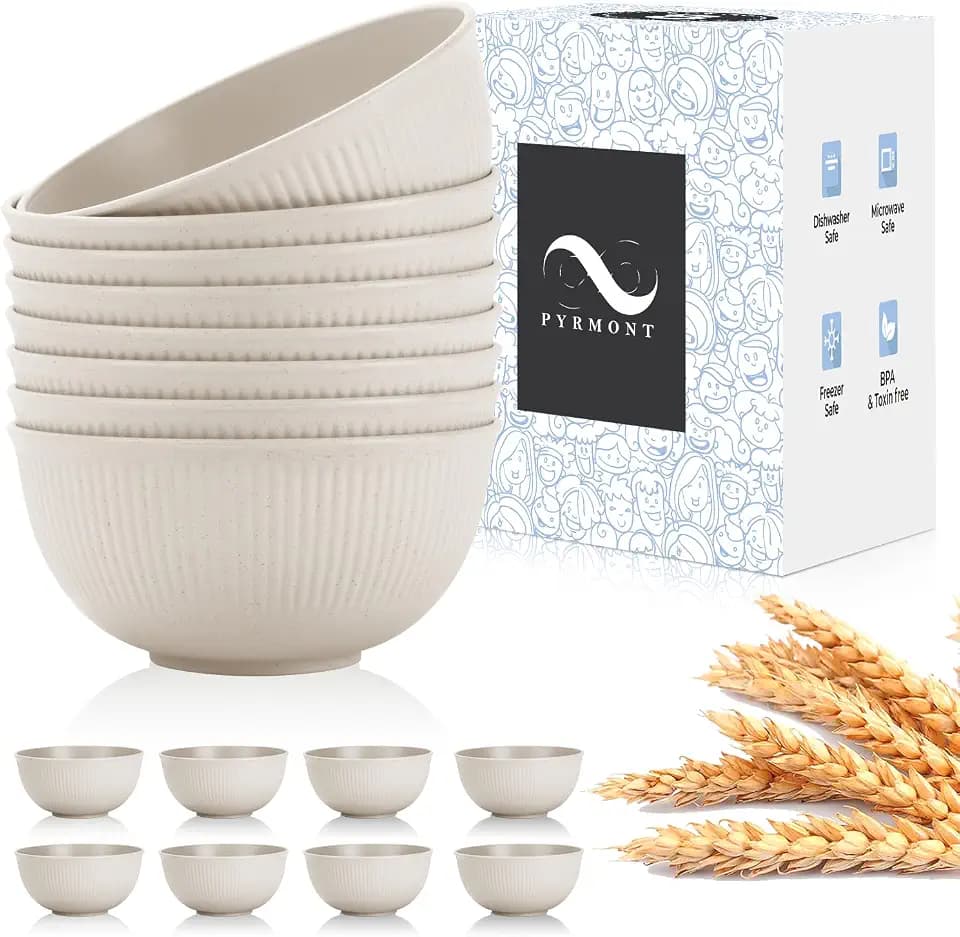 PYRMONT Unbreakable Cereal Bowl 26 OZ Wheat Straw Bowls Set of 8 Alternative Plastic Bowls Reusable Dishwasher & Microwave Safe Bowls for Kitchen Camping Bowls for Soup,Breakfast,Fruit-Beige