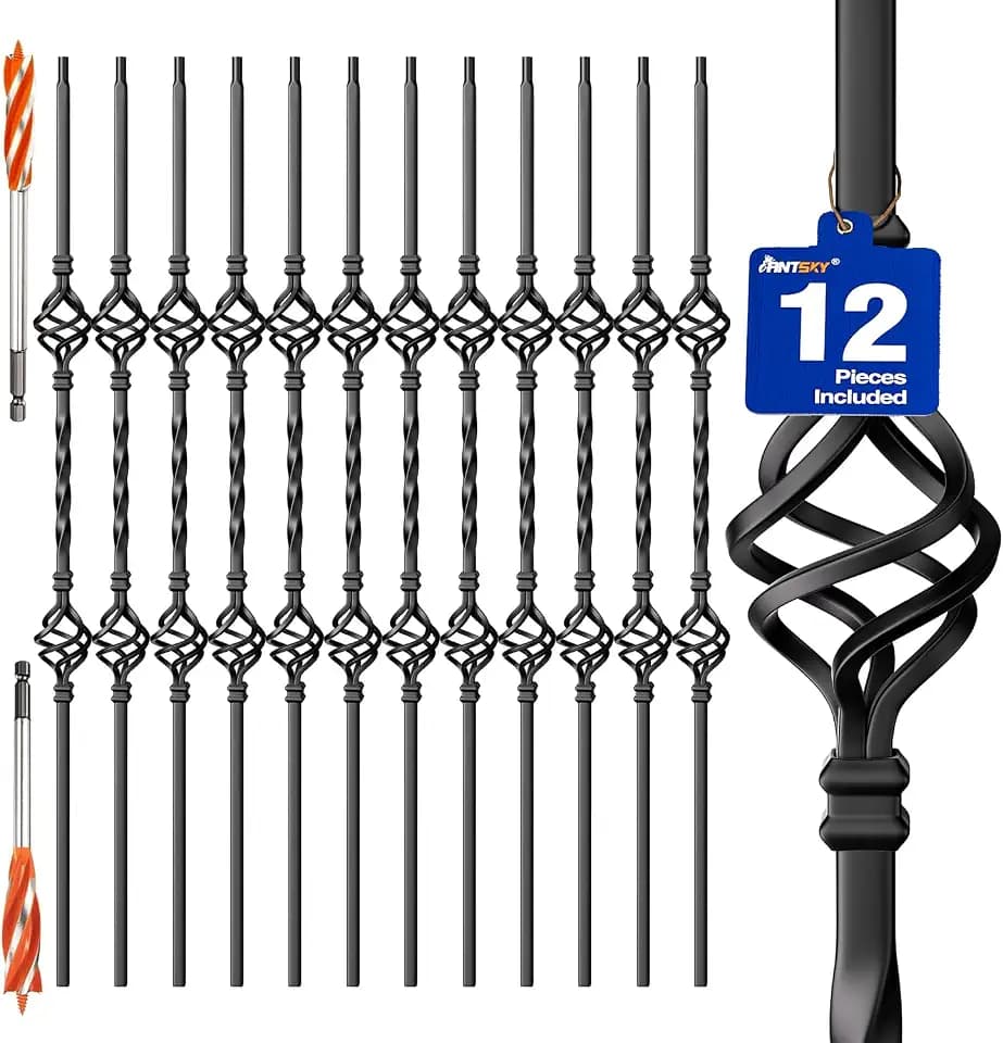 Balusters - Deck Spindles Stair Railing Indoor,Stair Double Basket Hollow Iron Baluster Stair spindles, balusters for Staircase Interior, Includes 2 Drill Bits for Wood(12 Pack Black)