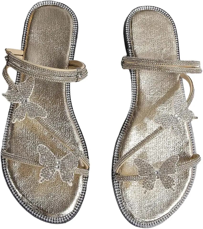 OYOANGLE Women's Silver Rhinestone Sandals Sparkly Dressy Flat Sandals