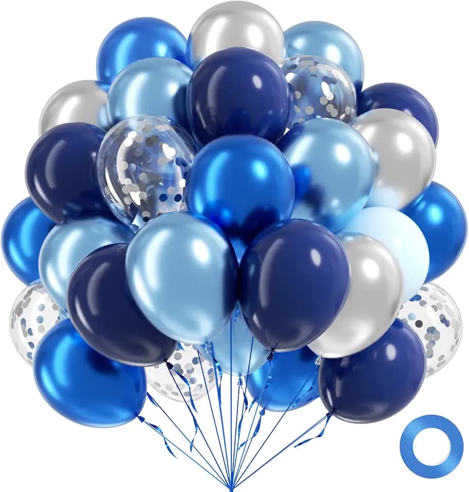 60pcs Blue and Silver Balloons 12inch with Navy Blue Confetti Balloons
