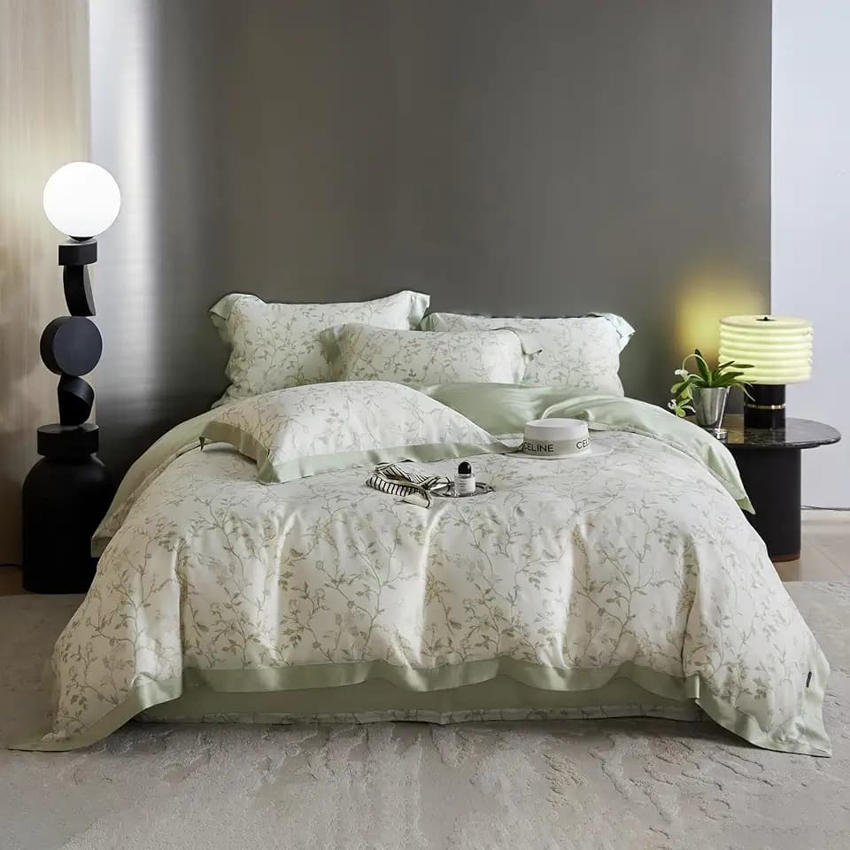 VM VOUGEMARKET Lyocell Duvet Cover Set Queen with Green Floral Pattern,Silk-Like Smooth & Cool Comforter Cover Set with Corner Ties-Queen,Mint Green