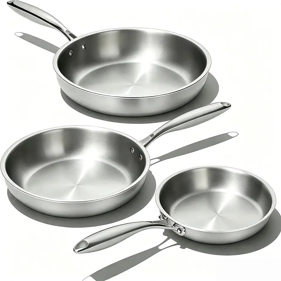 Stainless Steel Frying Pan Set, Skillet Set 8"/10"/12", Induction Compatible, Oven & Dishwasher Safe, 5 Ply Stainless Clad - Heavy Duty & Professional Cookware Set, Fast & Even Heat