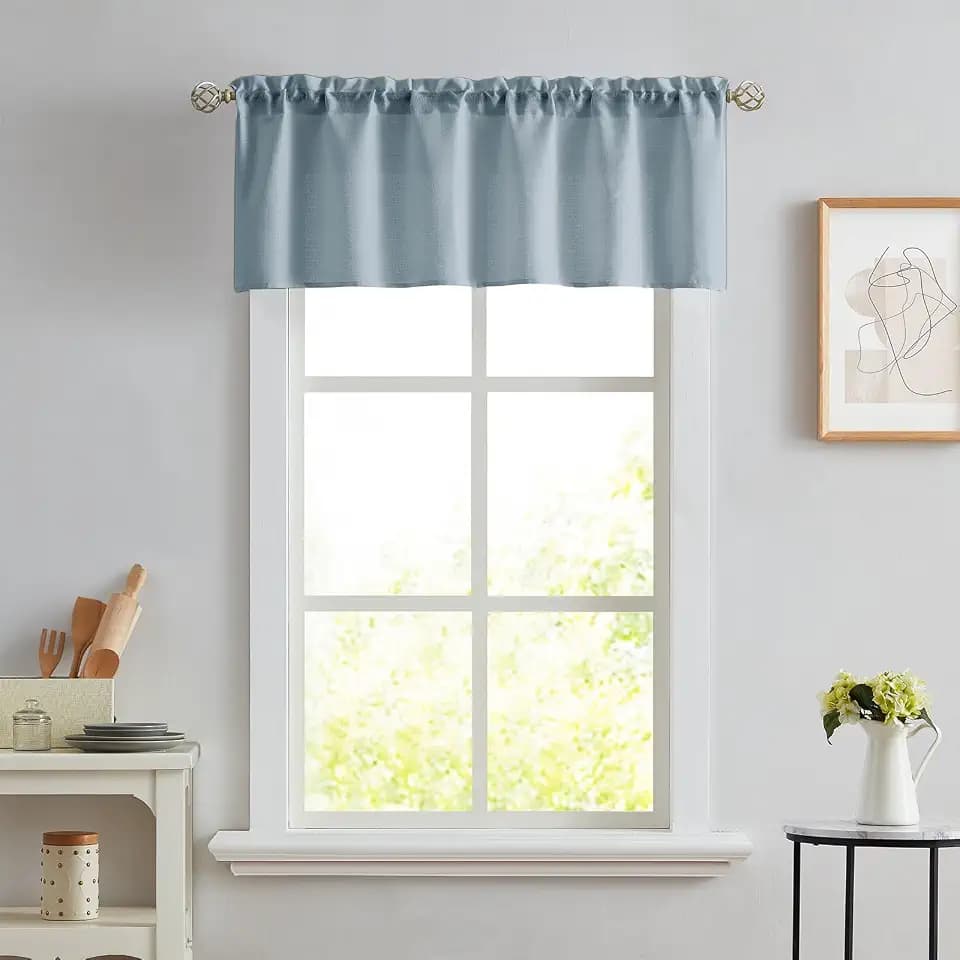 Melodieux Dusty Blue Semi Sheer Curtain Valance for Kitchen Cafe Small Windows Linen Rustic Rod Pocket Valance, 52 by 18 Inch, 1 Panel