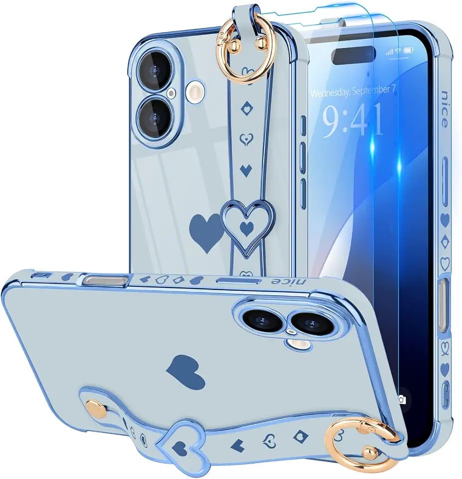 LLZ.COQUE for iPhone 16 Case with Strap Stand, Sky Blue