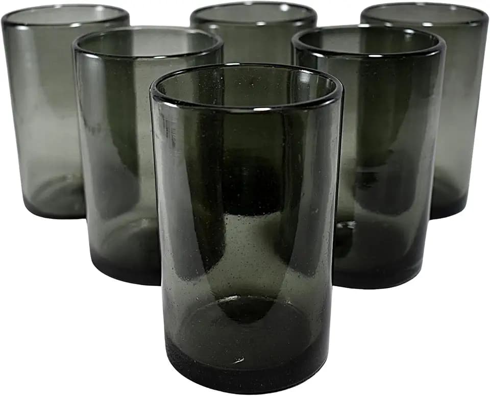 MAREY Hand Blown Drinking Glasses Artisan Crafted from Mexico Set of 6 pieces (Smoke, Water 16 Oz.)