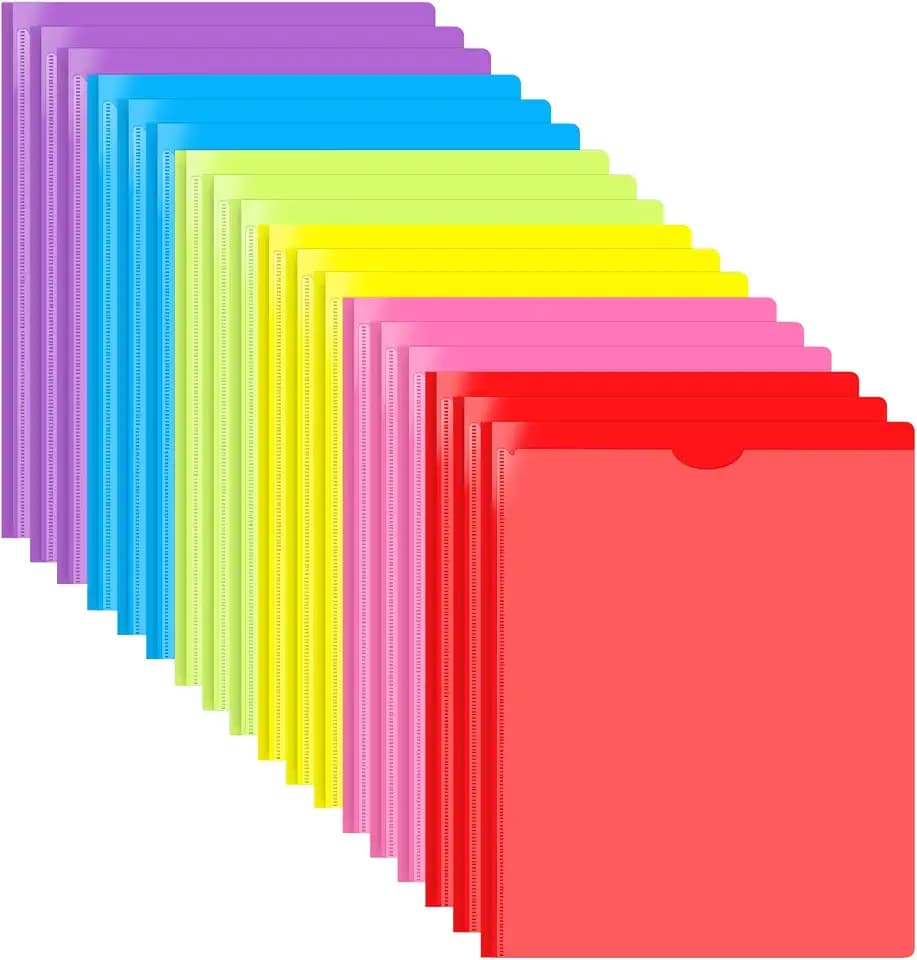 INFUN Heavy Duty Plastic Pocket Folder with Prongs and Clear Front Pocket - 18 Pack, 3 Prong Folders with Pockets and Card Slot, Assorted Colors