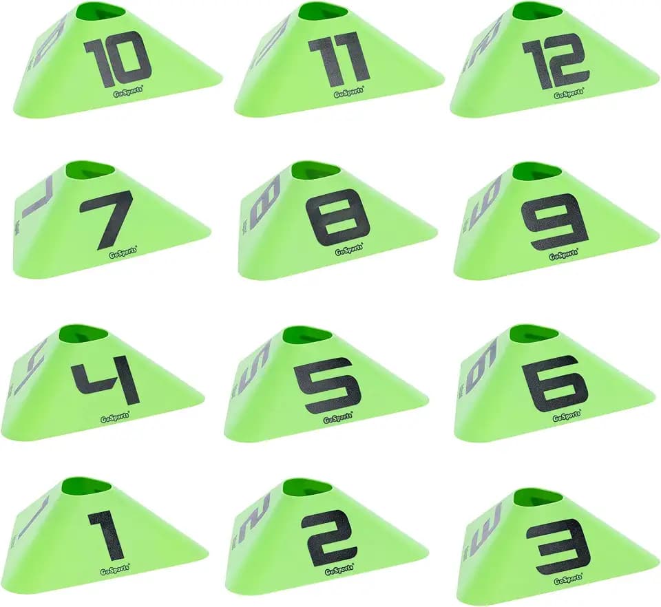 GoSports Modern Sports Cones - 12 Pack with Numbered Cones - Great for Soccer, Basketball, Football and More