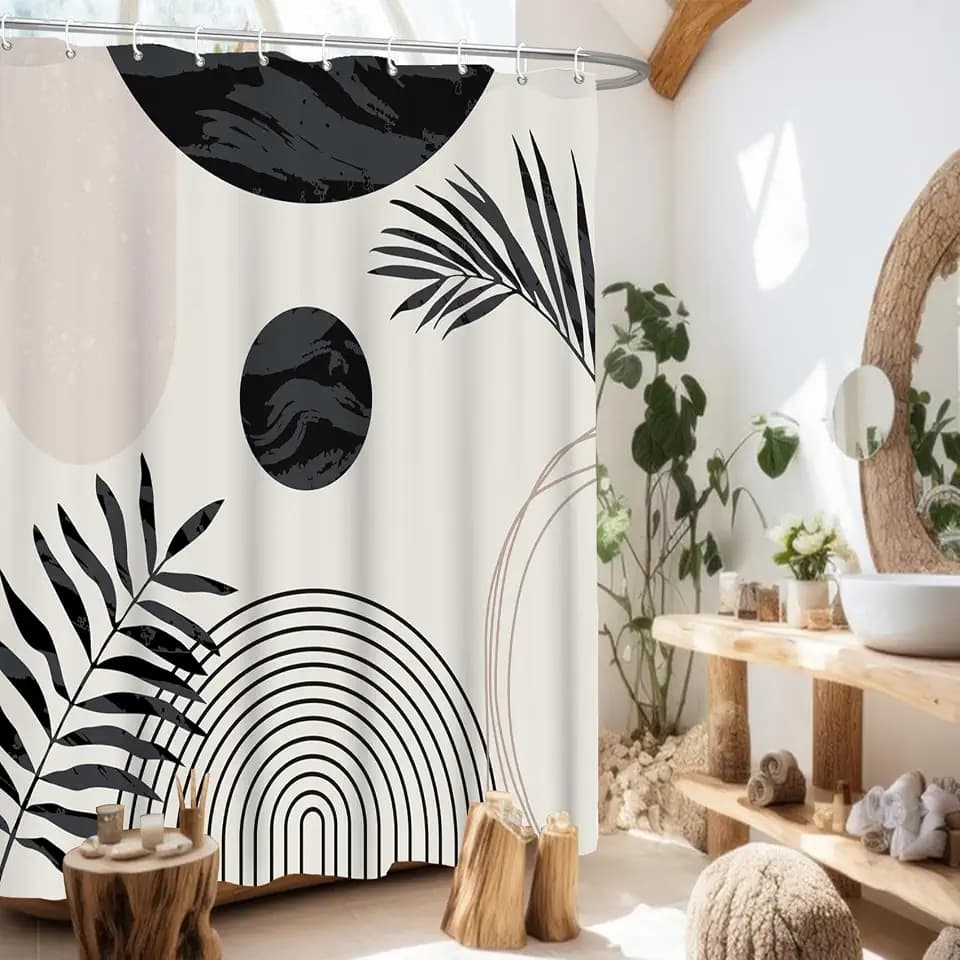 Bohemian Shower Curtain, Black Leaves Mid Century Shower Curtain Set for Bathroom, Modern Abstract Minimalist Fabric Bath Curtain with Hooks, 72x72in
