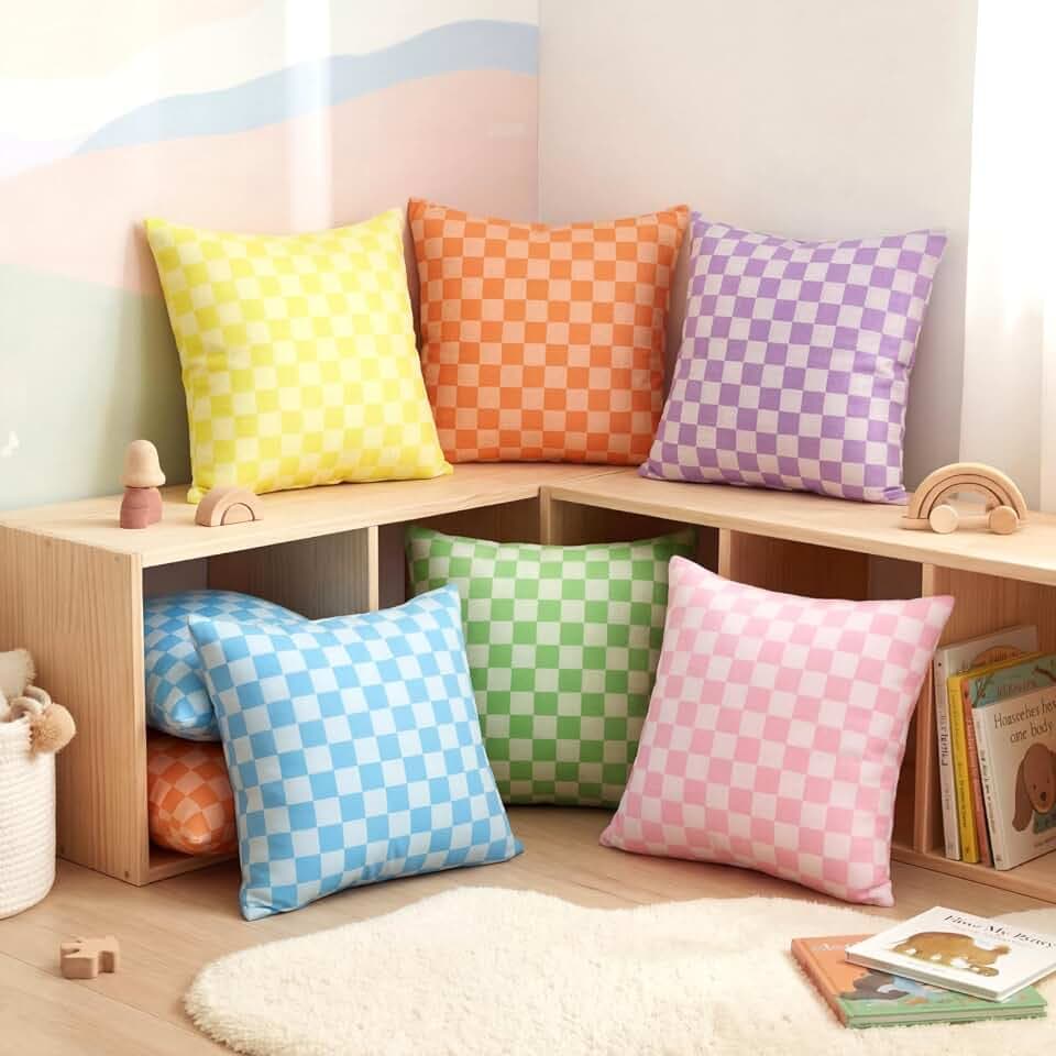Breling 6 Pcs Pastel Classroom Checkers Throw Pillow Cover Set 18 x 18 Inch
