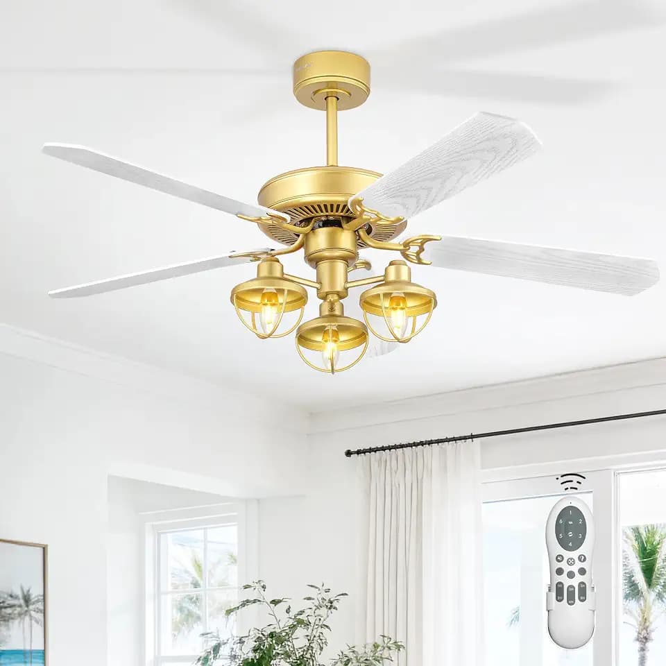 YOUKAIN 52-Inch Farmhouse Ceiling Fan with 3 Lights & Remote, Gold/Wood