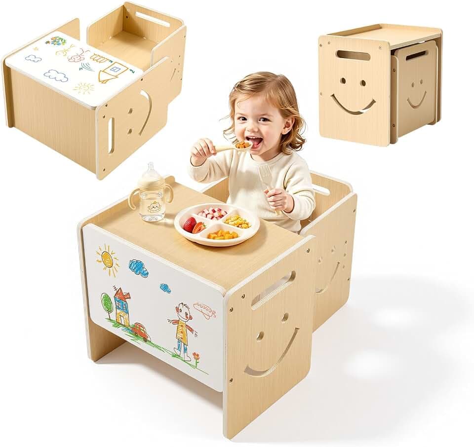 VEVOR Montessori Weaning Table and Chair Set, Kids Table and Chair Set for Toddlers 1-5, Weaning Table with Whiteboard and 3 Heights Adjustable, Easy to Clean, for Eating Drawing Reading Playing