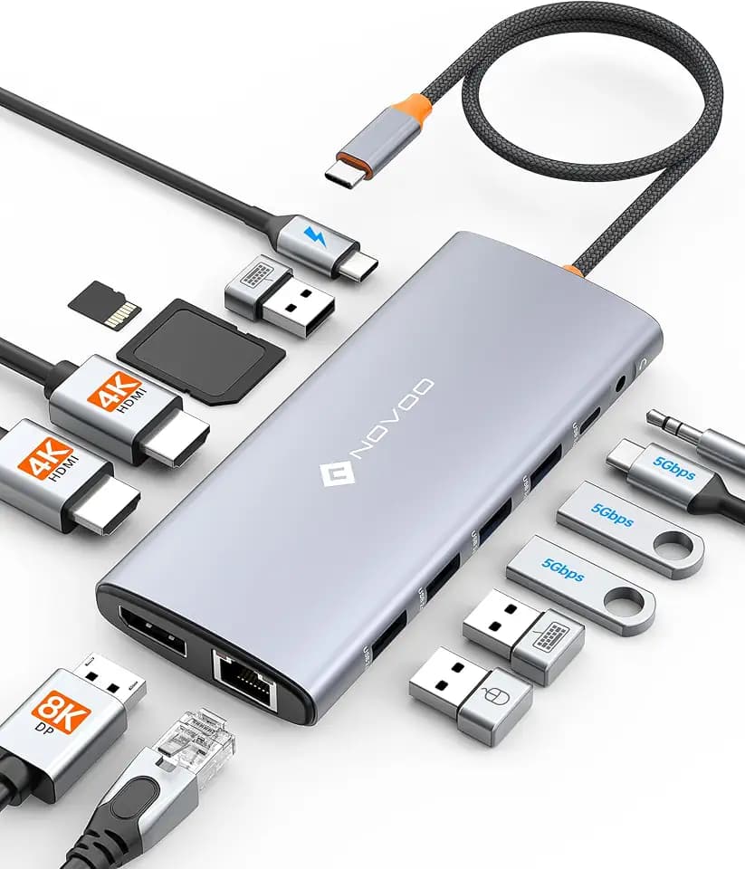 NOVOO Dockingstation USB C mit Dreifachdisplay, 14-in-1 USB-C-auf-Dockingstation 4K 60 Hz, Adapter mit DP 8K bei 30 Hz, 6 USB-Ports C/A, PD 100 W, RJ45, SD/TF, 3,5 mm Audio für MacBook/Dell/HP/Lenovo