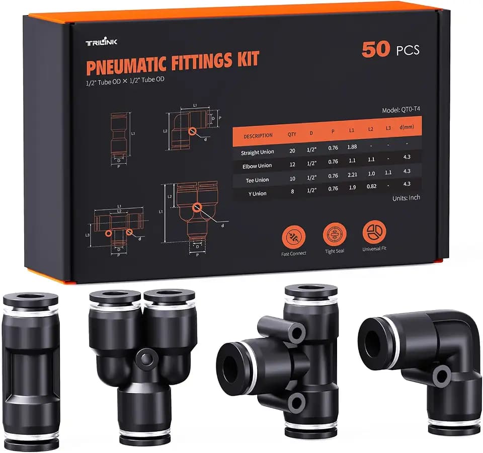 1/2" OD Push to Connect Fittings Kits –50PCS Air Line Connectors with Tee, Straight, Elbow, Splitters, Quick Connect Pneumatic Fittings, Push Lock Air Hose Fittings for Compressor, Air Tools & Tubing