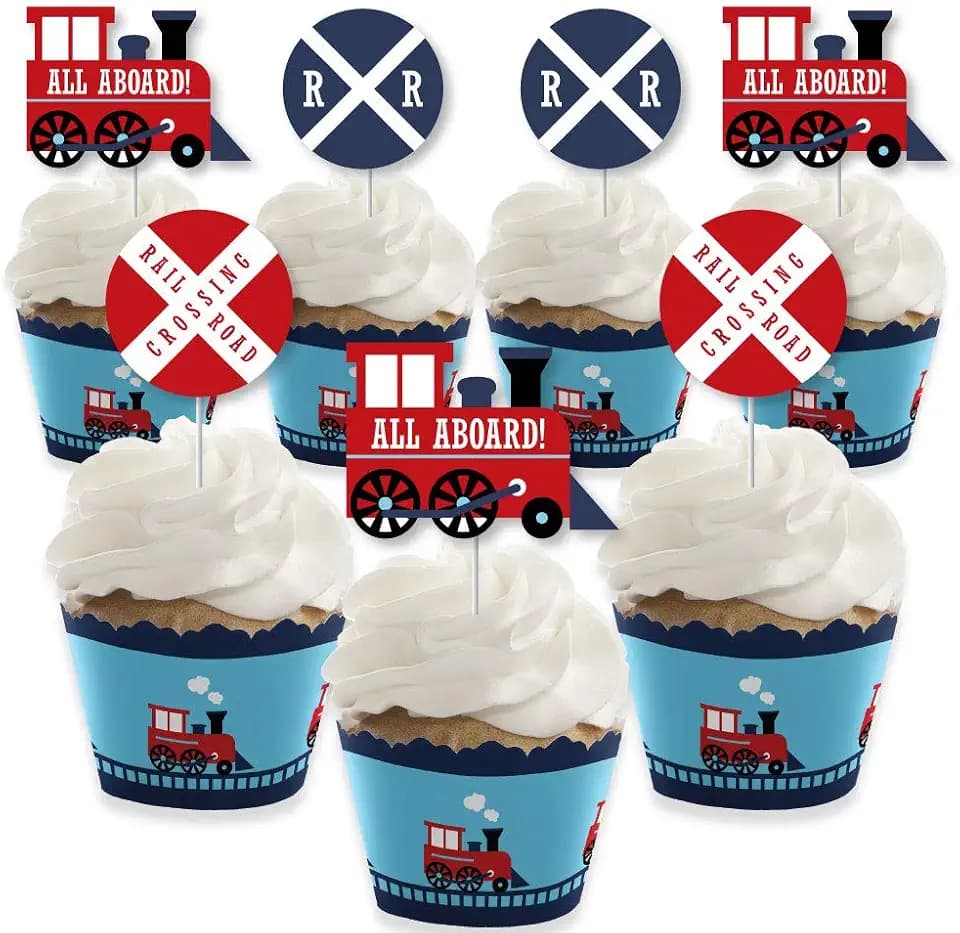 Big Dot of Happiness Railroad Party Crossing - Cupcake Decoration - Steam Train Birthday Party or Baby Shower Wrappers and Treat Picks Kit - Set of 24