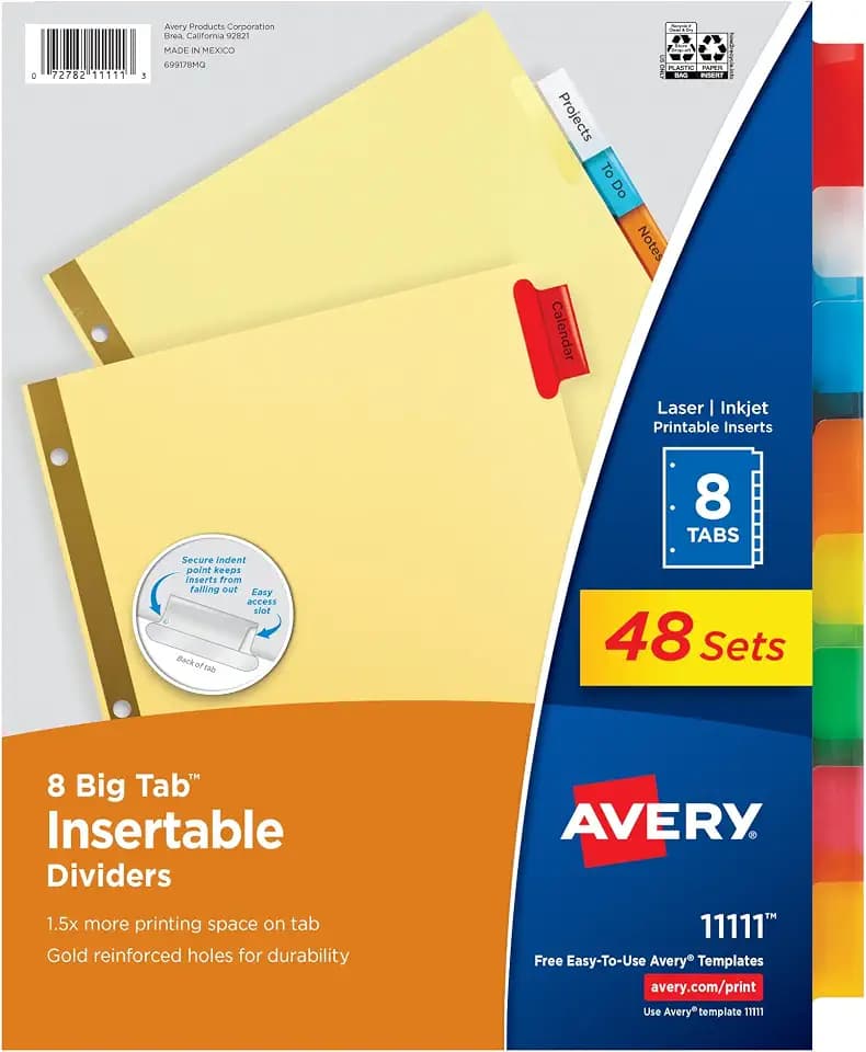 Avery Big Tab Insertable Dividers, 8-Tab, Multicolor, 48 Sets