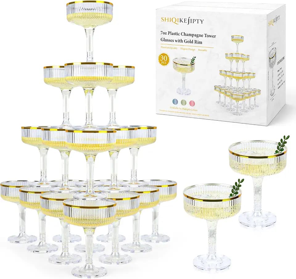 30 Pack Clear Champagne Tower Glasses 7OZ Plastic Martini Glasses Champagne Coupe Glass Cocktail Glass with Gold Rim Champagne Flutes Stackable Stemmed Coupe Glass for Weddings Birthday Party