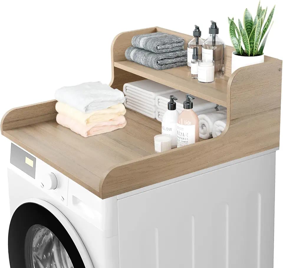 Kaboon Washer Dryer Countertop 2 Tier 28 inches Wide, Laundry Shelf Topper with Edge, 28" W x 28" D x 12" H Laundry Space Organizer, Oak(Grey Tone)