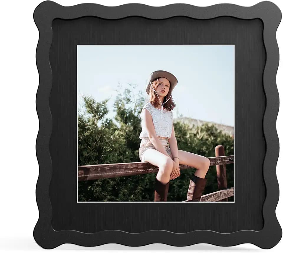8x8 Picture Frame with Mat for 6x6, Wavy Edge Wooden Real Glass Photo Frame for Tabletop and Wall Hanging, Black, 1 Pack