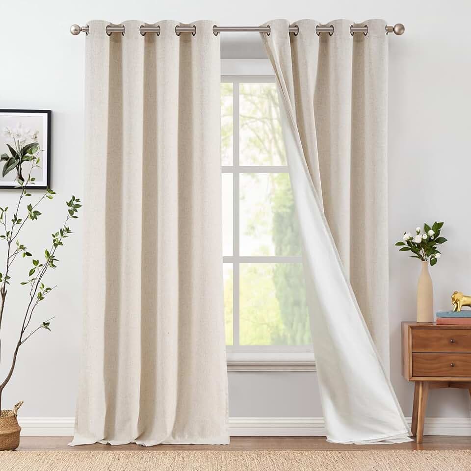 jinchan Lined Linen Curtains 108 Inch Light Filtering Grommet 2 Panels Beige